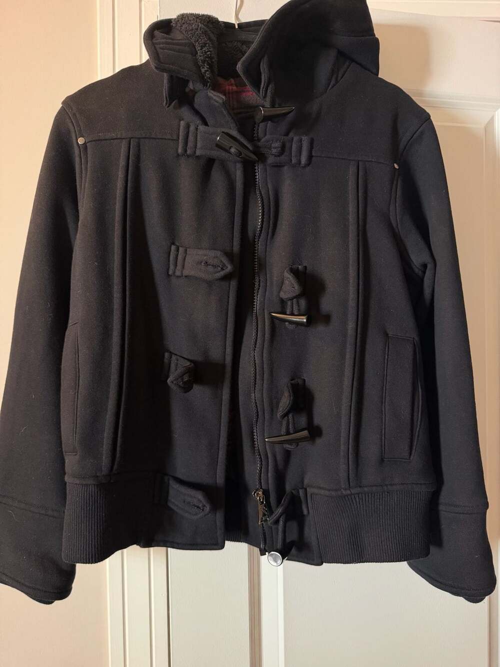 Steve Madden Black Hooded Toggle Duffle Coat Jacket Plaid Lining Size M